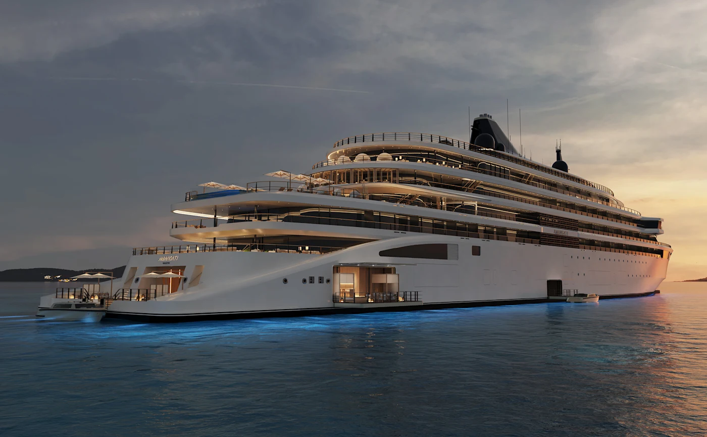 Amangati, da Aman at Sea, iluminado ao entardecer — perspectiva oficial de divulgação.